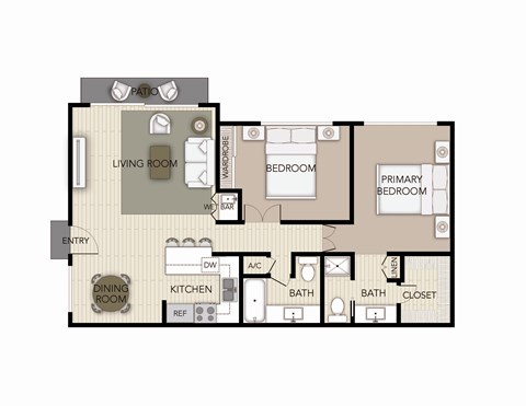 Floor plan for 2 beds, 2 baths, 1001 sqft